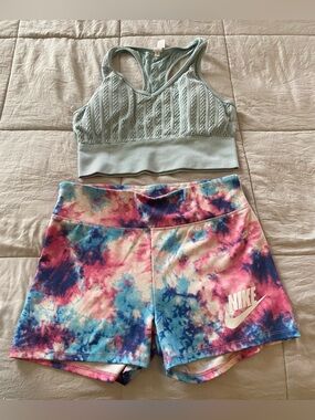 shosho Tie-Dye Bike Shorts - Pink Blue Purple and blue bra